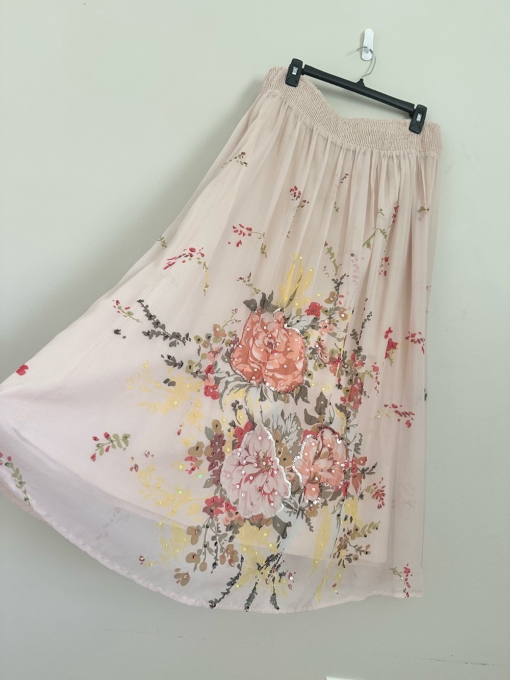 Soft Surroundings XS Pink Floral Midi Skirt Boho Chiffon Sequined Fairycore - Picture 2 of 10